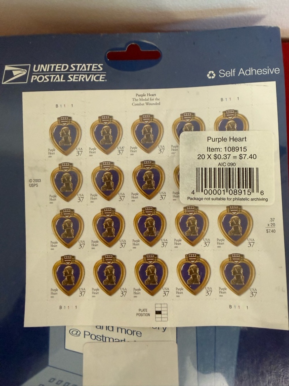 USPS Purple Heart Commemorative Self-Adhesive Stamp Sheet - Purple and Gold